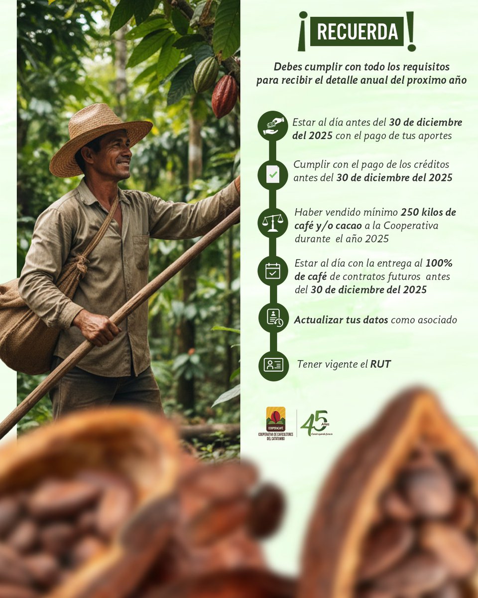 📢 ¡Asociado, recuerda!
Para recibir tu detalle anual del próximo año, debes cumplir con todos los requisitos antes del 30 de diciembre del 2025. 

👉 ¡Cumple con tiempo y asegura tus beneficios como asociado!

#CooperativaDelCatatumbo #SomosCooperativa #CaféYCacaoDelCatatumbo