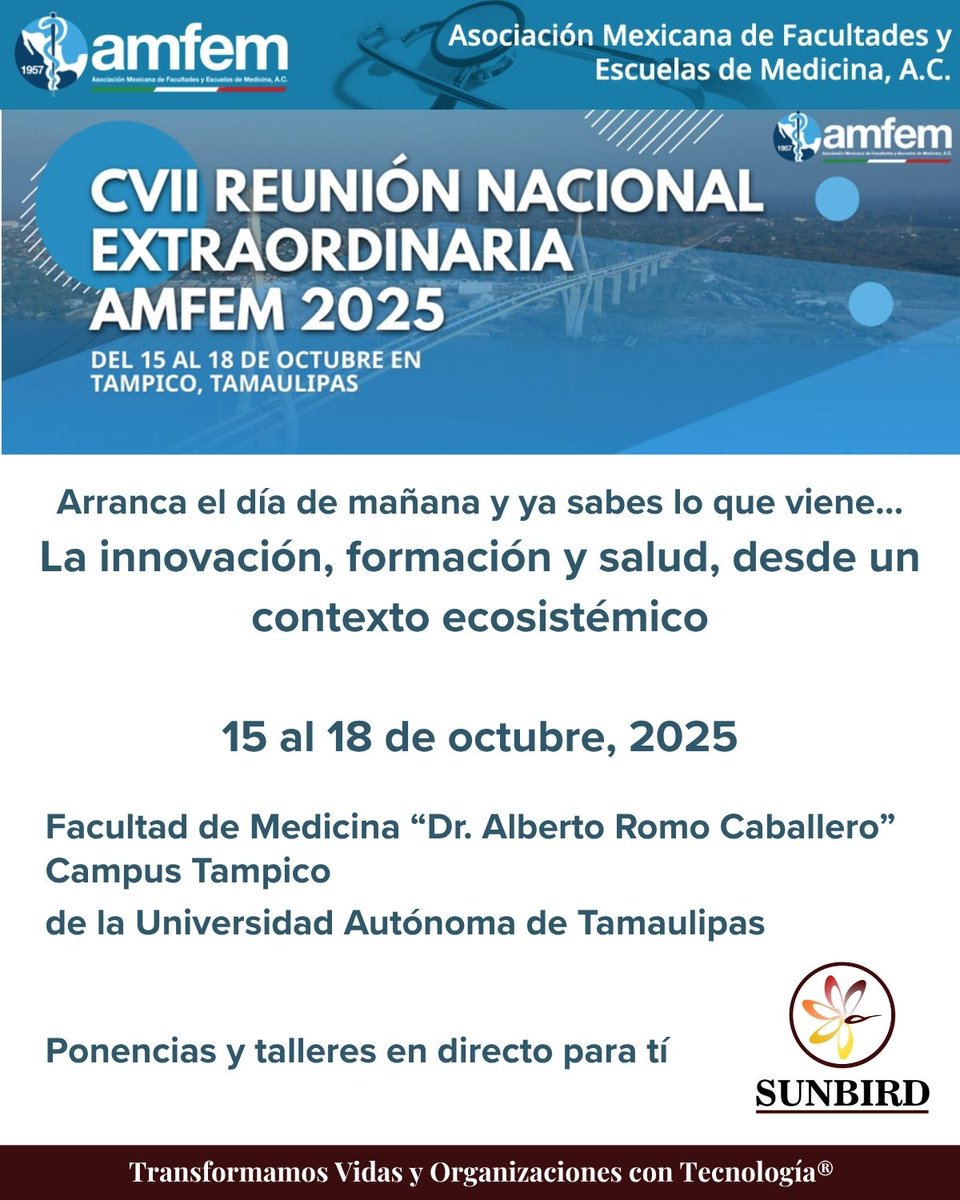 AMFEM arranca el día de mañana y estará del 15 al 18 de octubre de 2025.
Facultad de Medicina “Dr. Alberto Romo Caballero”
Campus Tampico, de la #UAT.
Grandes líderes en innovación participarán con ponencias y talleres.

 #healthcaretechnology #VirtualPatients  #BodyInteract