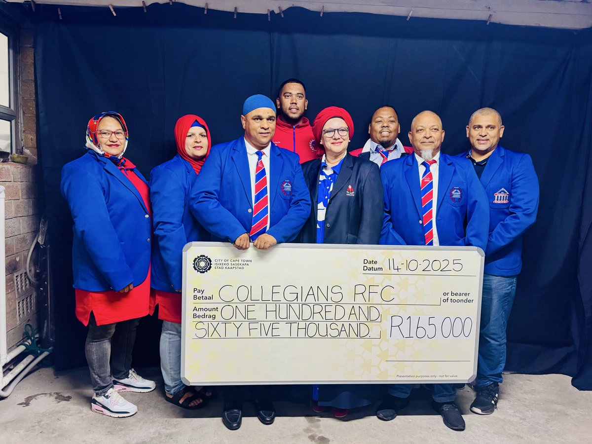 avoplaje's tweet photo. 🏉 Supporting Local Rugby 🏉 

Tonight, together with Marvin from the Office of the Mayor, we officially handed over a cheque of R165 000 to Collegians Rugby Football Club.

This funding from the Mayor Geordin Hill-Lewis will go towards upgrading the club’s facility. https://t.co/LJE96dJZuf