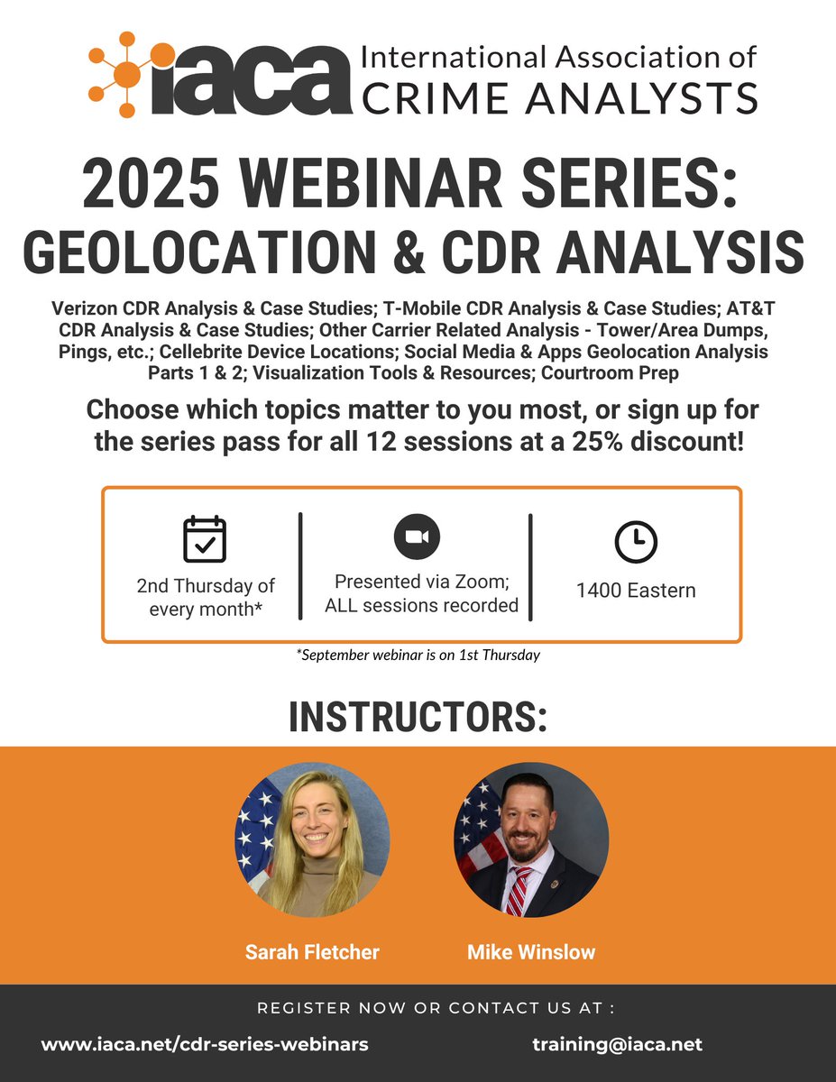 crimeanalysts's tweet image. Please join us for the next session in our 2025 Webinar Series: Geolocation and Call Detail Record (CDR) Analysis. On November 13th we will dive into Visualization Tools &amp;amp; Resources. 
iaca.net/cdr-series-web…
#crimeanalyst #crimeanalysis #intelligenceanalyst #datavisualization