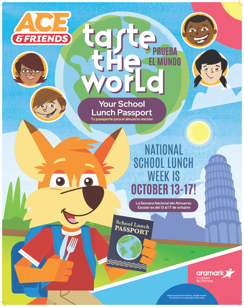 It's National School Lunch Week, and we’re celebrating with a world of flavor! 🌎🍴
This year’s theme, “Taste the World,” features four entrées inspired by global cuisines. Join us as we celebrate the nutritious meals served every day in our cafeterias!