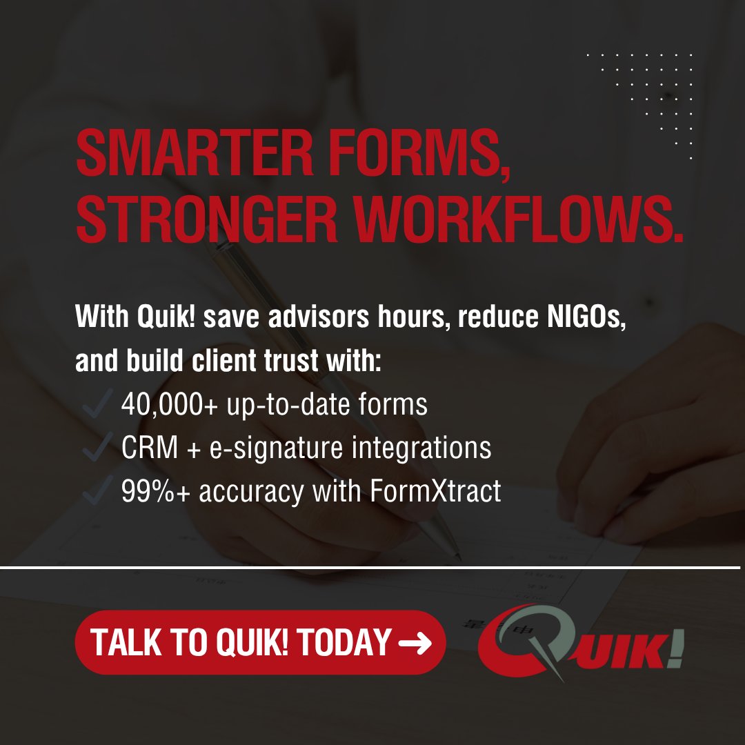 QuikForms's tweet image. Manual forms = NIGOs, compliance risk &amp;amp; wasted advisor time

Quik! fixes the workflow:
✔ 40,000+ forms
✔ CRM + e-sign integrations
✔ 99%+ FormXtract accuracy

Result: fewer errors, lower costs, stronger client trust.

See how: quikforms.com/get-started
#wealthmanagement #fintech