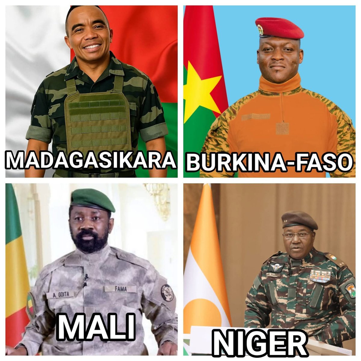 🇲🇬✊🏾#FREEMADAGASCAR ✊🏾🇲🇬
🇧🇫✊🏾#BurkinaFaso ✊🏾🇧🇫 
🇲🇱✊🏾#Mali ✊🏾🇲🇱
🇳🇪✊🏾#Nigea ✊🏾🇳🇪