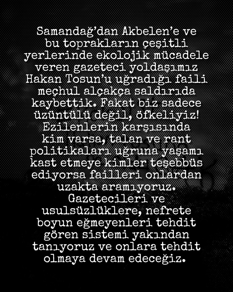 Gazetecileri ve usulsüzlüklere, nefrete boyun eğmeyenleri tehdit gören sistemi yakından tanıyoruz ve onlara tehdit olmaya devam edeceğiz.
#HakanTosunaNeOldu