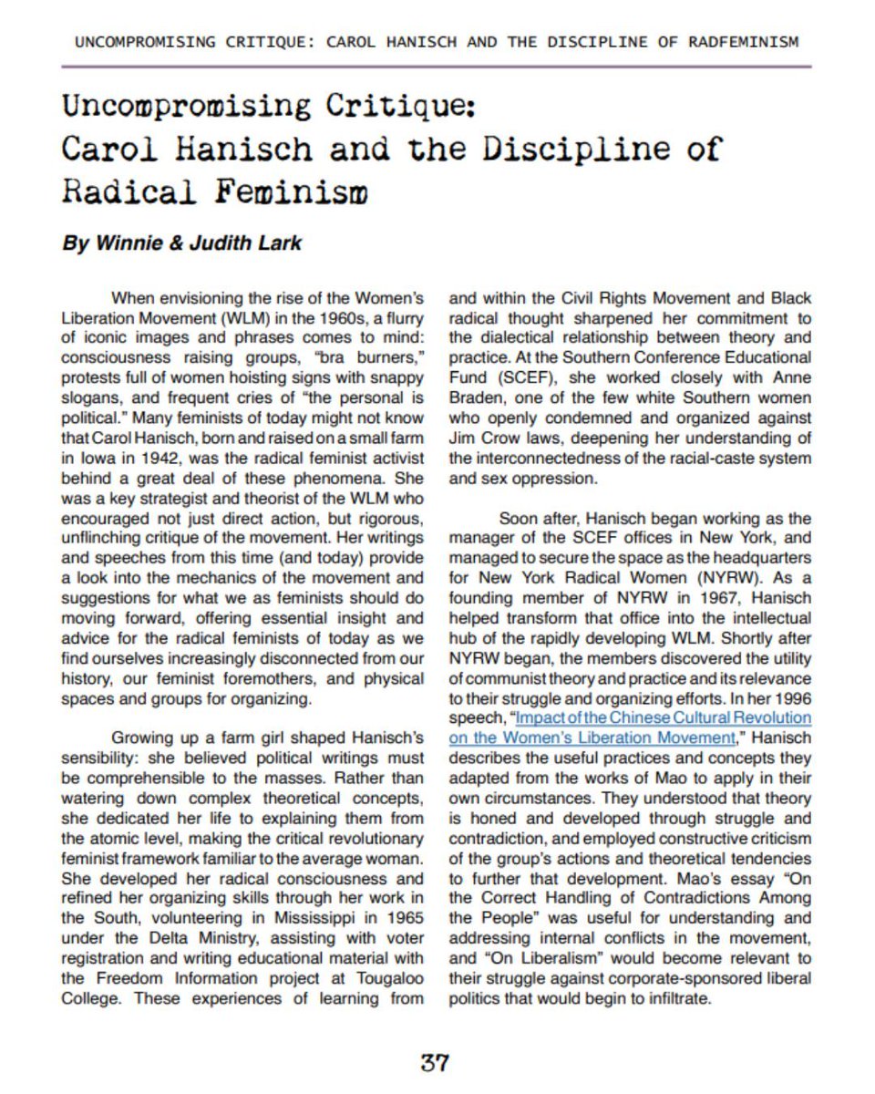 TWVnewsletter's tweet image. "Hanisch argued that the ruling class had successfully twisted 'the personal is political' to mean 'the political is only personal.' Feminism was reduced to individual lifestyle choices and 'self-empowerment,' while the analysis of patriarchy as a class system was discarded.…