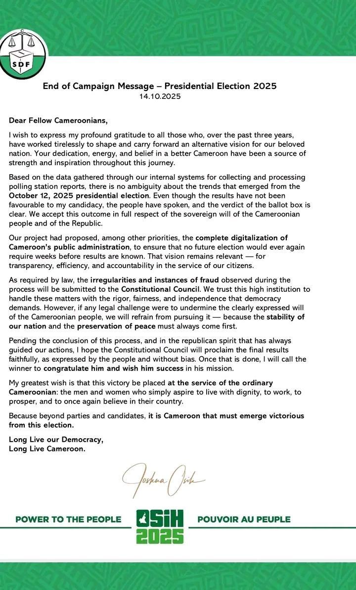 MimiMefoInfo's tweet image. BREAKING: Joshua Osih Says Election Trend Results Are True and Must Be Respected by Constitutional Council

The SDF presidential candidate, Joshua Osih, has conceded defeat in the just-ended presidential election, acknowledging that data and polling station reports reviewed by…