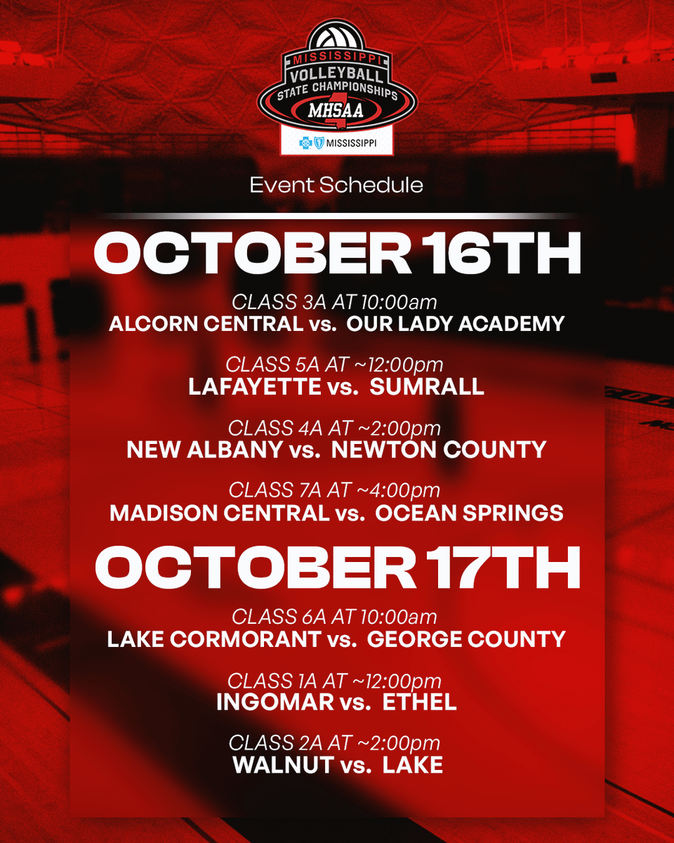 🏐 2025 MHSAA Volleyball State Championships presented by @bcbsmississippi 

The best high school volleyball teams in Mississippi are set to compete for state titles October 16–17 at Mississippi College in Clinton!

📅 Check out the full schedule and make plans to be part of the