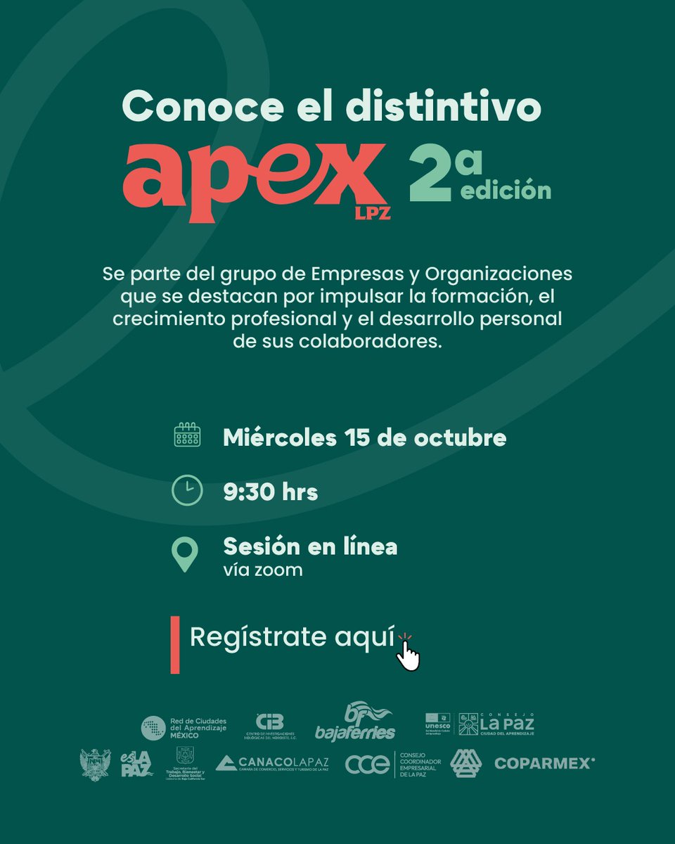 Te invitamos a la sesión informativa de "Conoce el distintivo Apex Lpz" APEX (Acreditación para pequeñas empresas con excelencia en aprendizaje) 
goo.su/YUegmNK
apexlpz.bajaferries.com.mx