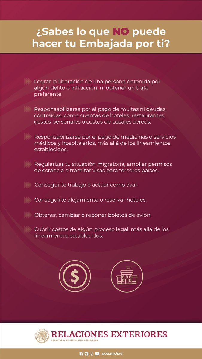 🇲🇽¡Tu Embajada está contigo!🏦 Si eres un mexicano viviendo o viajando✈️ en Honduras, somos tu punto de apoyo. Guarda este post y recuerda todo lo que SÍ✅ y NO❌ podemos hacer por ti como ciudadano mexicano en territorio hondureño.