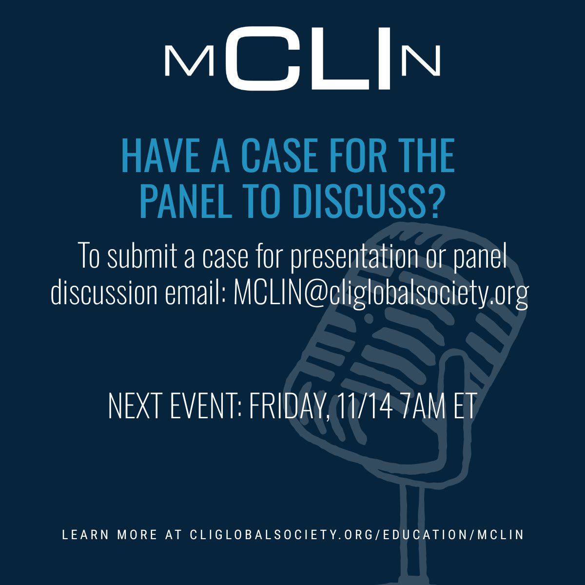 CLI_Global's tweet image. To submit a case for the next MCLIN presentation or panel discussion, email MCLIN@cliglobalsociety.org &amp;amp; include de-identified HIPAA compliant patient history, images, and procedure information on 5-10 blank (white) PowerPoint slides.

Learn more: cliglobalsociety.org/education/mcli…