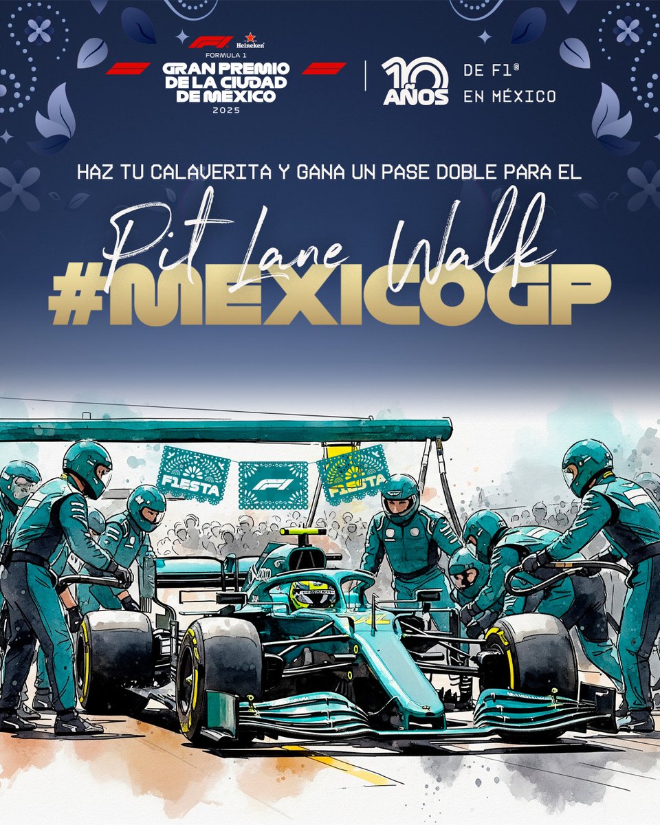 ¡Crea la Calaverita más original y llévate un pase doble para el Pit Lane Walk del #MexicoGP! 🇲🇽 🎉

Haz una “Calaverita” de tu autoría que haga relación al México GP y los 10 años de F1 en nuestro país, puedes hacer mención de pilotos, directivos de Formula 1 y/o Mario Achi.
