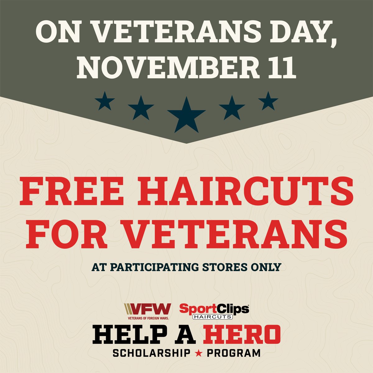 SportClips's tweet photo. Honoring our heroes!
This Veterans Day, November 11, we’re offering FREE haircuts to veterans at participating Sport Clips locations – it’s our way to give back to those who’ve given so much.
To find a participating store near you visit https://t.co/dVIToabVKl.
#veteran https://t.co/RBCE2OuEjy