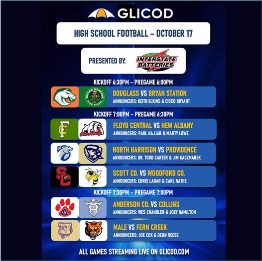 Live #HSFB this Friday
<a href="/FDHSATHLETICS/">Douglass High School Athletics</a> <a href="/BSHSATHLETICS1/">BryanStationAthletics</a> 
<a href="/F_C_Athletics/">Floyd Central Athletics</a> <a href="/GoNewAlbany/">New Albany Athletics</a> 
<a href="/nhcougars/">NH Athletics</a> <a href="/PHSPioneers_FB/">Providence High School Football</a> 
<a href="/ScottCoSports/">ScottCountySports</a> <a href="/WoodfordFBall/">Woodford County Football</a> 
<a href="/ACAthletics1/">Anderson County Schools Athletics</a> <a href="/MLCHS_Athletics/">MLCHS Athletics</a> 
<a href="/MaleBulldogs/">MALE HS Athletics</a> <a href="/FernCreekFB/">Fern Creek Football</a>