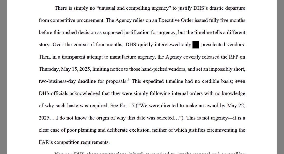 ReichlinMelnick's tweet image. Wow! One of ICE’s primary deportation contractors is suing the Trump admin for awarding a $1 billion contract to an unqualified competitor with close ties to the admin. They allege DHS notified hand-picked competitors ahead of time, then set a 2-day turnaround for everyone else.