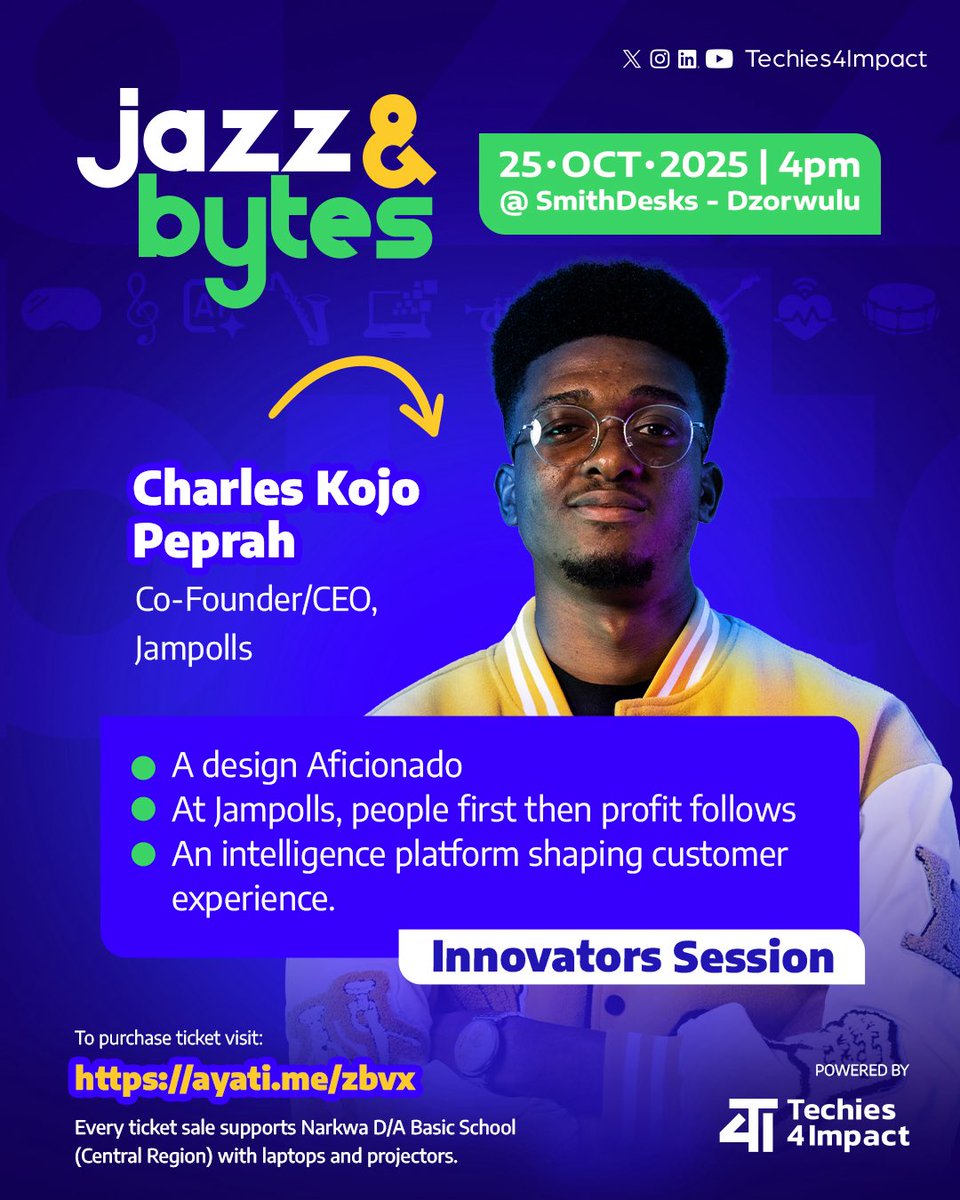 techies4impact's tweet image. Our innovators session hosted by Building Bytes @buildingbytes is on !!!

Looking to hire,invest,connect, engage,learn,be inspired and amazed ? Jazz&amp;amp;Bytes is the place is to be on 25th October 2025 at 4pm prompt.

Tickets available via techies4impact.com

#techchangemakers