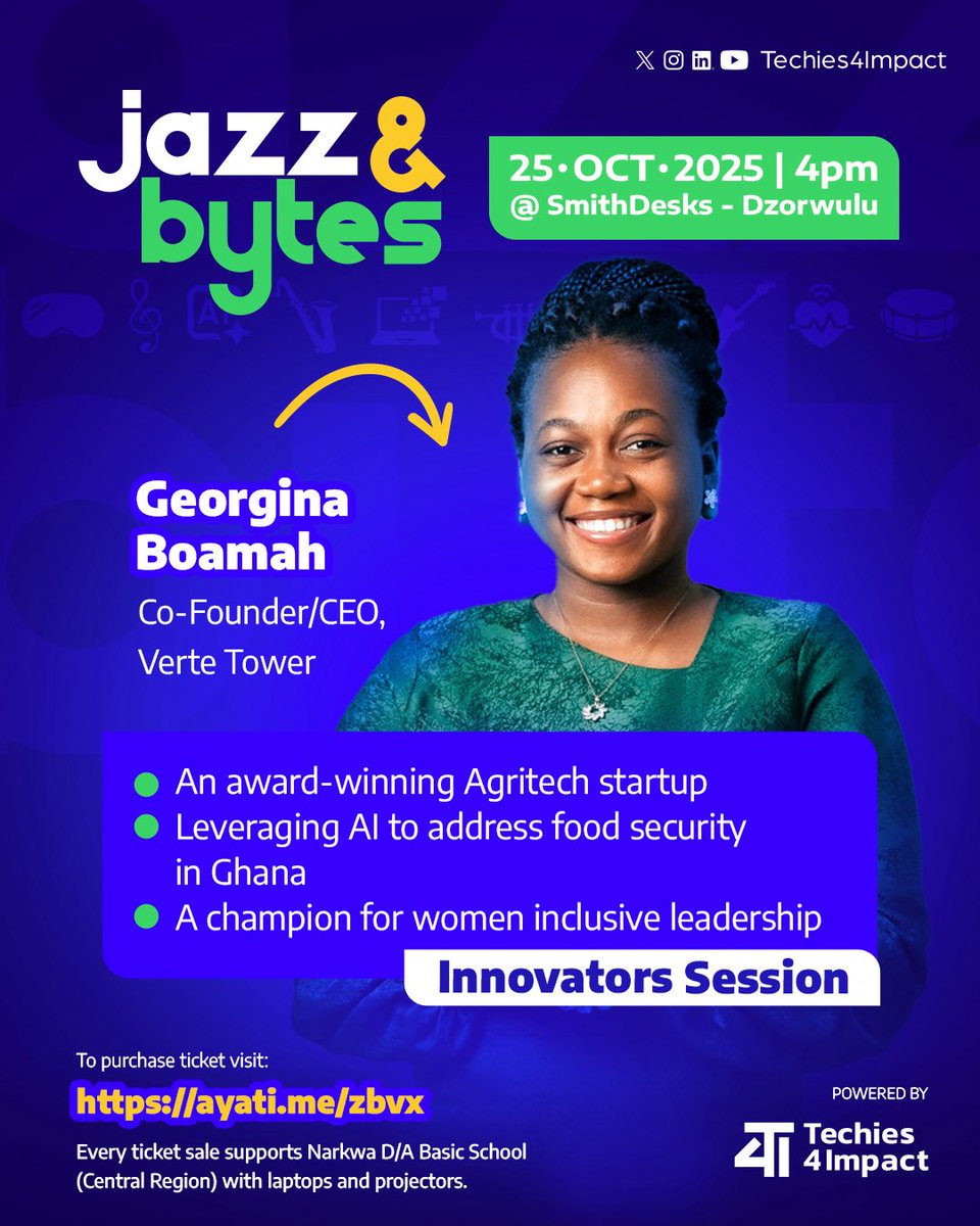 techies4impact's tweet image. Our innovators session hosted by Building Bytes @buildingbytes is on !!!

Looking to hire,invest,connect, engage,learn,be inspired and amazed ? Jazz&amp;amp;Bytes is the place is to be on 25th October 2025 at 4pm prompt.

Tickets available via techies4impact.com

#techchangemakers