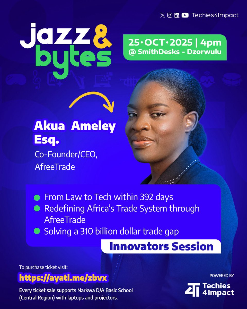 techies4impact's tweet image. Our innovators session hosted by Building Bytes @buildingbytes is on !!!

Looking to hire,invest,connect, engage,learn,be inspired and amazed ? Jazz&amp;amp;Bytes is the place is to be on 25th October 2025 at 4pm prompt.

Tickets available via techies4impact.com

#techchangemakers