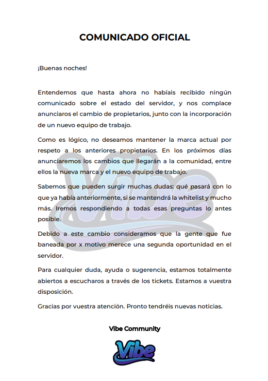 VibeCommunityRP's tweet photo. 📢 COMUNICADO OFICIAL https://t.co/SXBRYwcXvF
