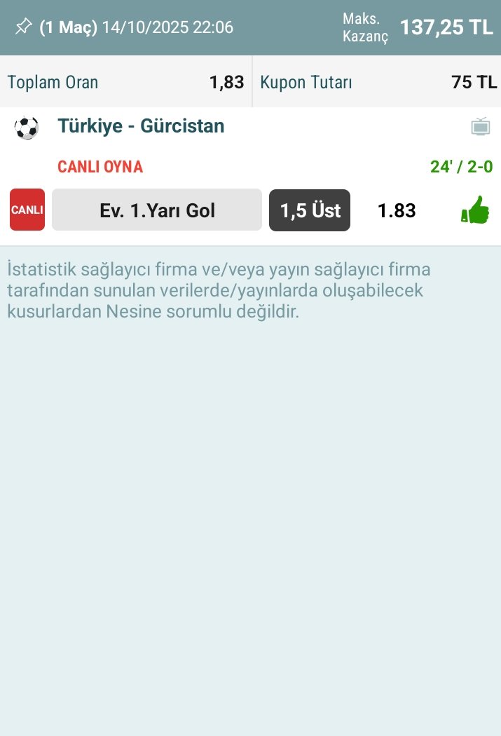 nes1nealonewolf's tweet photo. Ev ilk yarı 1.5 üst kuponumuz kazanmıştır tebrikler ✅✅✅✅✅
#iddaa #iddaatahmin #nesine #Canlibahis #BizimÇocuklar  #kupondas #alonewolf34 https://t.co/rKTsAUelzr