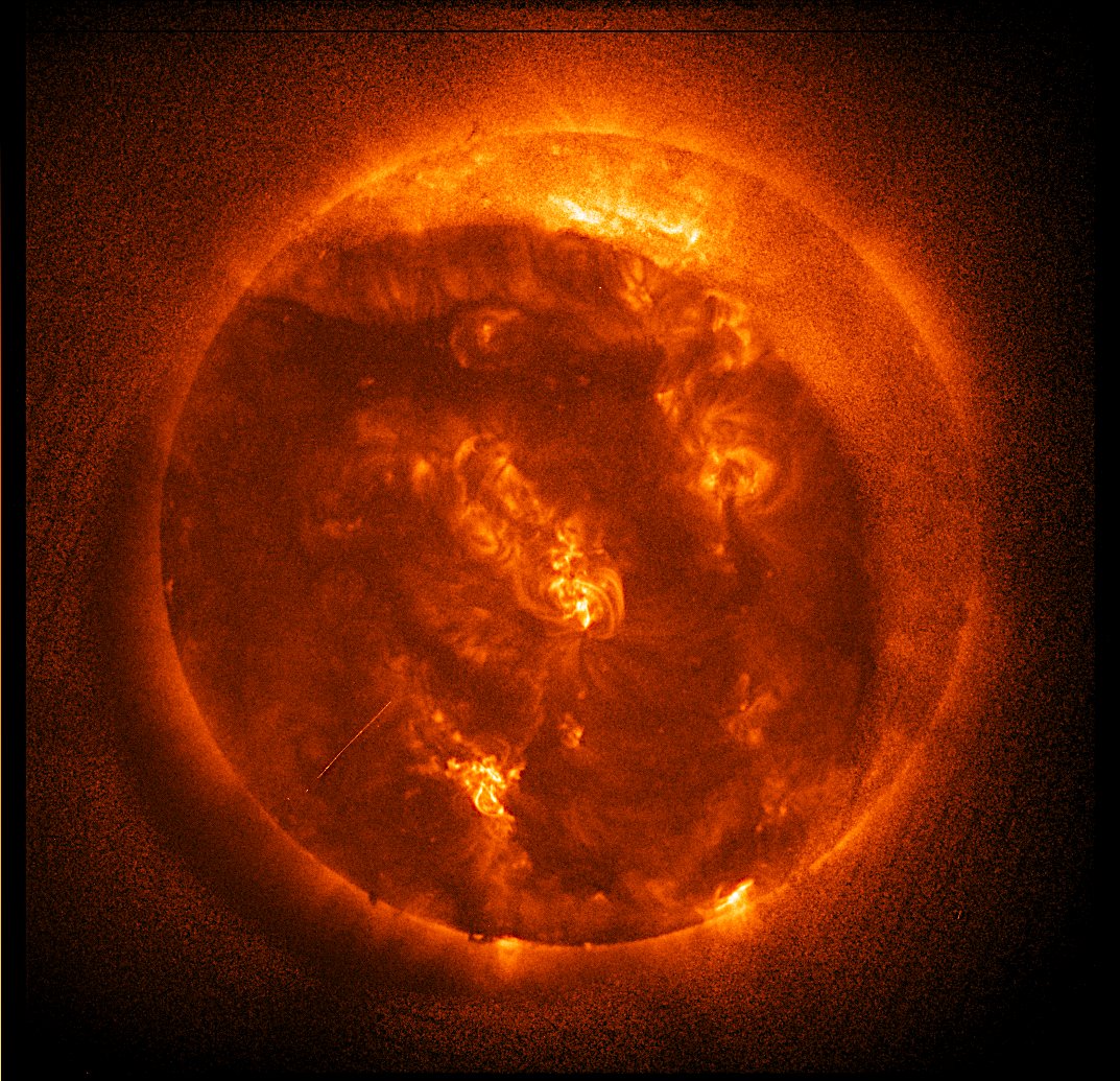 Spent today X-band tracking "Le quattro stagioni" of FengYun weather satellites: 3D, 3E, 3F and 3H (and 3G) - data processing is a lot of work, so images later. First this solar FY3E XEUVI image with some nice solar flares and plasma arcs (and a cosmic ray hitting the detector)