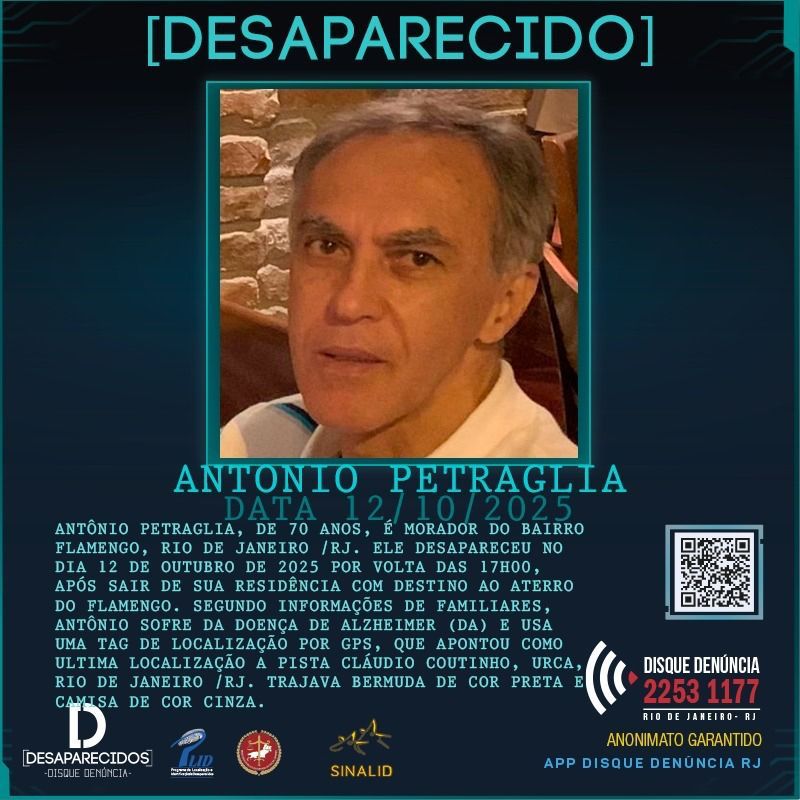 A <a href="/CoppeUFRJ/">Coppe UFRJ</a> se une à corrente pelo encontro de seu docente aposentado, Antonio Petraglia, desaparecido desde 0 dia 12. O professor, de 70 anos de idade, saiu de sua residência rumo ao Aterro do Flamengo para uma habitual caminhada, trajando uma bermuda preta e uma camisa cinza.