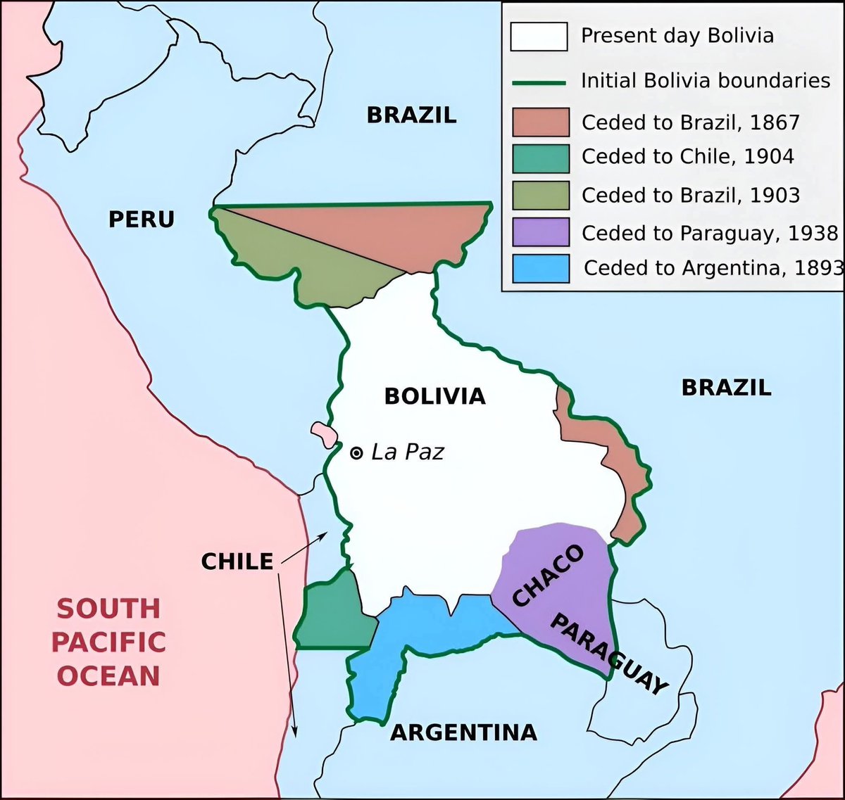 Es increíble cómo casi toda Sudamérica saqueó a Bolivia. Sin principio alguno, solo la ley del más fuerte.

Hasta Paraguay, que a su vez había sufrido un genocidio y despojo territorial (a manos de Argentina, Brasil y Uruguay entre 1864 y 1870: acabaron con el 60% de la población