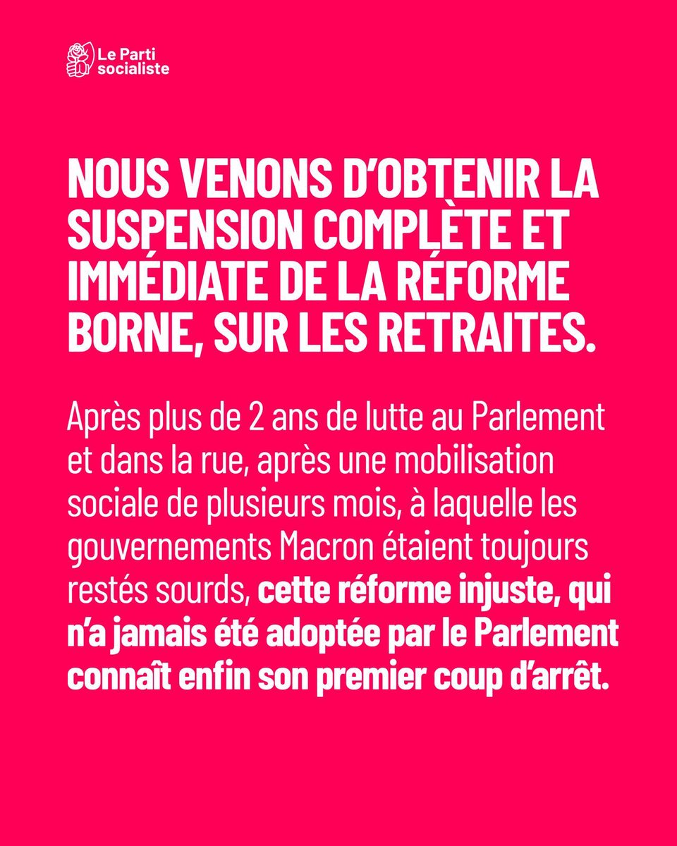 Je me réjouis de la suspension de la réforme des retraites. C’est une décision attendue, qui doit redonner de la sérénité au pays.

Je salue la responsabilité dont le <a href="/partisocialiste/">Parti socialiste</a> a su faire preuve dans ce moment politique compliqué pour le pays. Notre rôle est d’offrir une