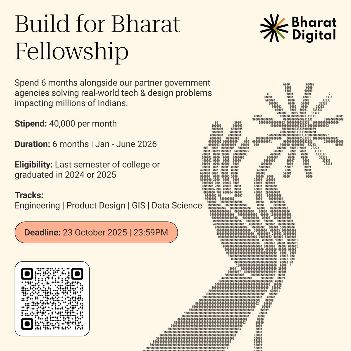Care about improving India's gov-tech that impacts millions? Are you a designer? engineer? data scientist? gis? 

If you are a final-year student or early career professional, consider applying for the Build for Bharat Fellowship's 2026 cohort!

Spend 6 months being deputed to a