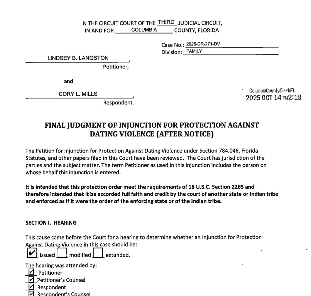 SollenbergerRC's tweet image. SCOOP: After two public court hearings, a Florida judge has issued a restraining order against Rep. Cory Mills for &quot;protection against dating violence.&quot; Mills&apos;s ex-girlfriend filed for the injunction in August, alleging sextortion &amp;amp; violent threats. More TK from the decision.