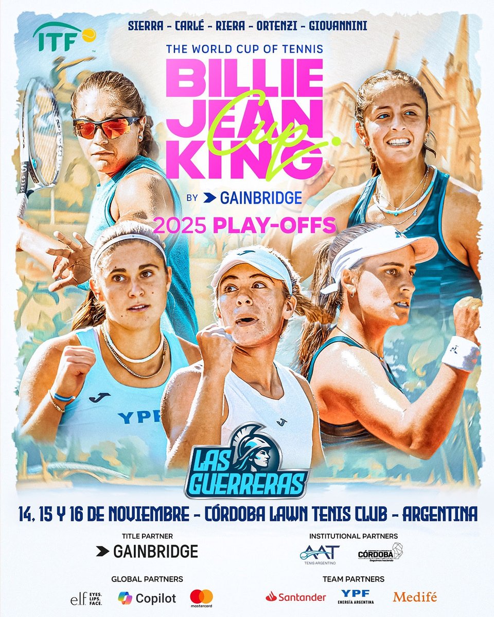 Equipo ideal en Córdoba 💪

El 14, 15 y 16 de noviembre las Guerreras jugarán en el Grupo C de los Play-offs de <a href="/BJKCup/">Billie Jean King Cup</a> 

Mercedes Paz contará con Solana Sierra, Lourdes Carlé, Julia Riera, Jazmín Ortenzi y Luisina Giovannini, las 5 primeras raquetas en el ranking para