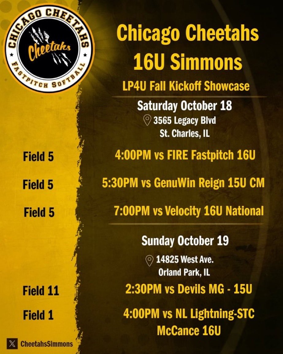 We’re back after 2 weekends off and ready to play! Come check us out in St. Charles on Saturday and Orland Park on Sunday for the LP4U Fall Kickoff Showcase! <a href="/CheetahsSimmons/">Chicago Cheetahs 16u</a> <a href="/DePaulSB/">DePaul Softball</a> <a href="/jillienwaldron/">Jillien</a> <a href="/FriarSoftball/">Fenwick Friars Softball</a> <a href="/TNUsoftball/">Trevecca Softball 🥎 💜</a> <a href="/RamblersSB/">Loyola Softball</a>