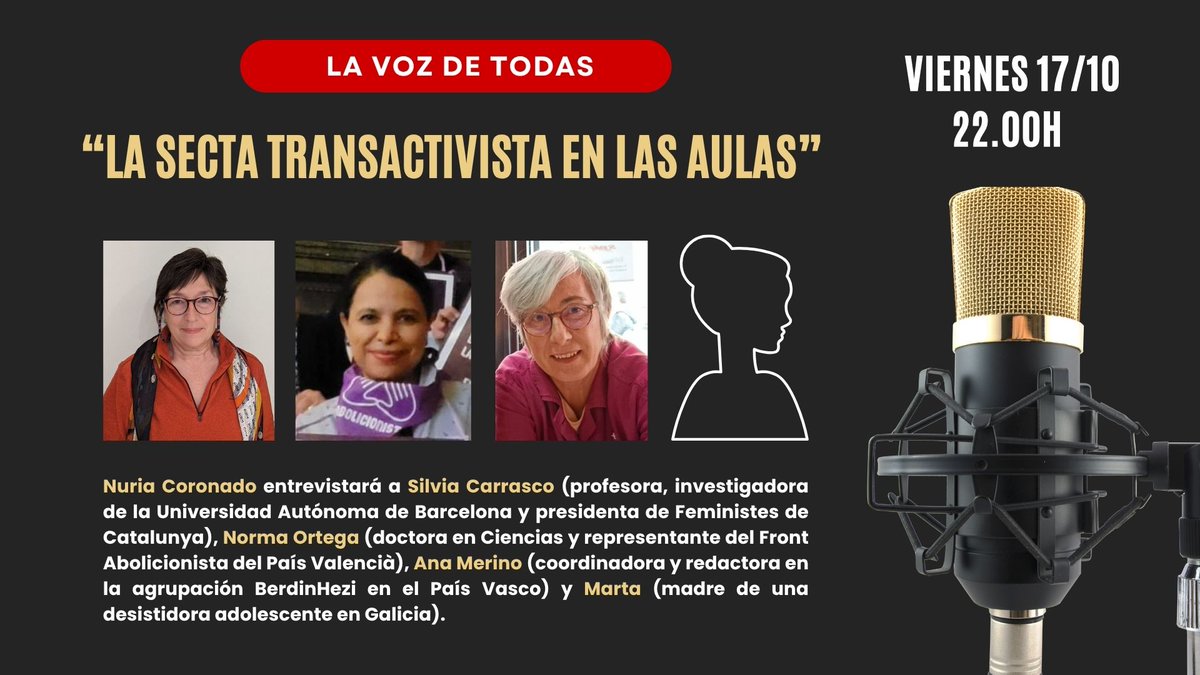 Nuria Coronado (@nuriacsopena) on Twitter photo ⚧️La secta transactivista usa material supuestamente didáctico para captar a menores .
📚Lo hace a través de guías, charlas y cursos en colegios e institutos.
🗓️Este viernes 17 a las 22.00 en La Voz de Todas:
<a href="/SilviaCarrascoP/">Silvia Carrasco #ContraLaMisèriaiLaIgnorància #XX</a>
<a href="/noranor2014/">CarnalitaDeLasMujeresDelMundo #XX 🇵🇸</a>
<a href="/BerdinHezi/">BerdinHezi</a>
youtube.com/watch?v=Z6-IE9… ⚧️La secta transactivista usa material supuestamente didáctico para captar a menores .
📚Lo hace a través de guías, charlas y cursos en colegios e institutos.
🗓️Este viernes 17 a las 22.00 en La Voz de Todas:
<a href="/SilviaCarrascoP/">Silvia Carrasco #ContraLaMisèriaiLaIgnorància #XX</a>
<a href="/noranor2014/">CarnalitaDeLasMujeresDelMundo #XX 🇵🇸</a>
<a href="/BerdinHezi/">BerdinHezi</a>
youtube.com/watch?v=Z6-IE9…