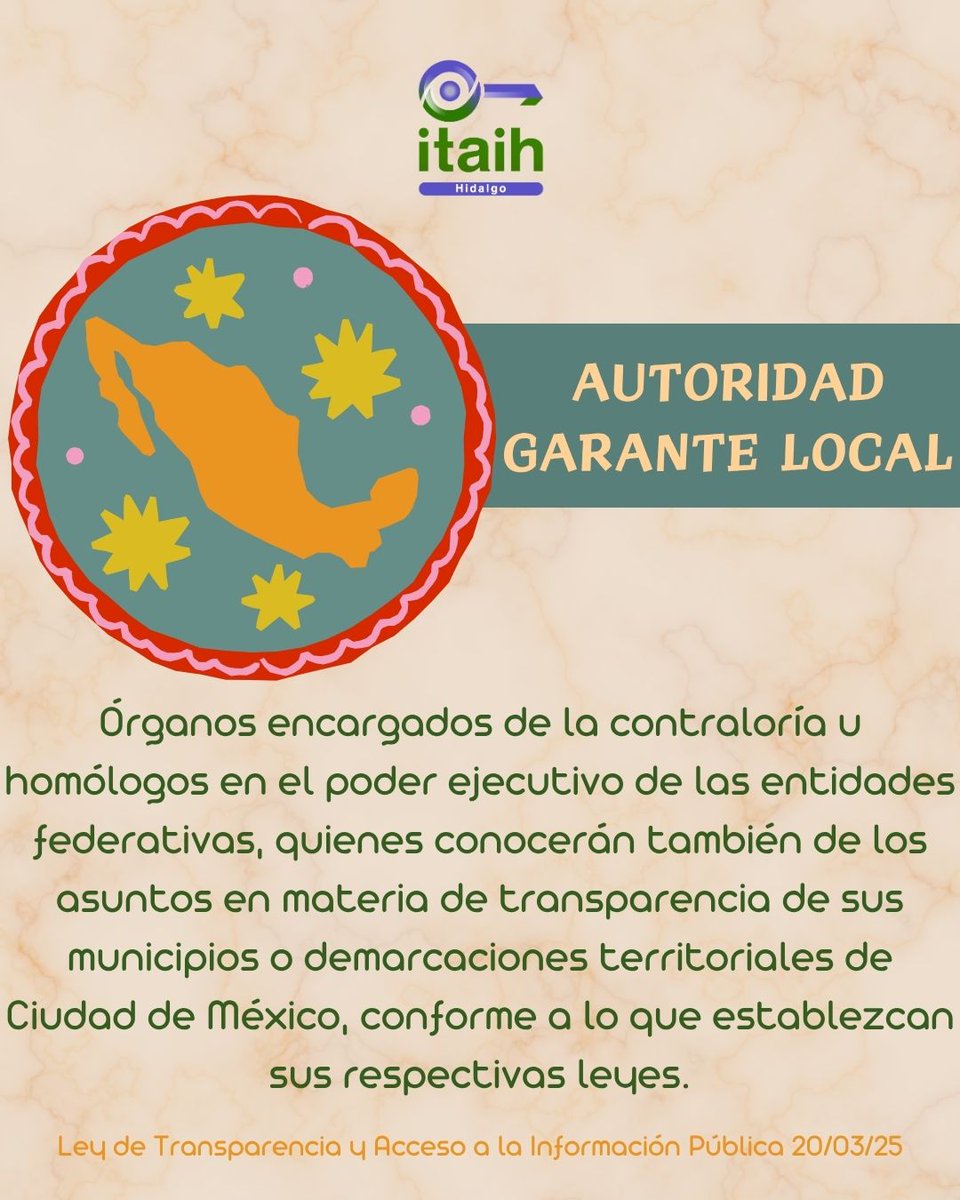 #AutoridadGaranteLocal Órganos encargados de la contraloría u homólogos en el poder ejecutivo de las entidades federativas, quienes conocerán también de los asuntos en materia de transparencia de sus municipios o demarcaciones territoriales de Ciudad de México. #LGTAIP #ITAIH