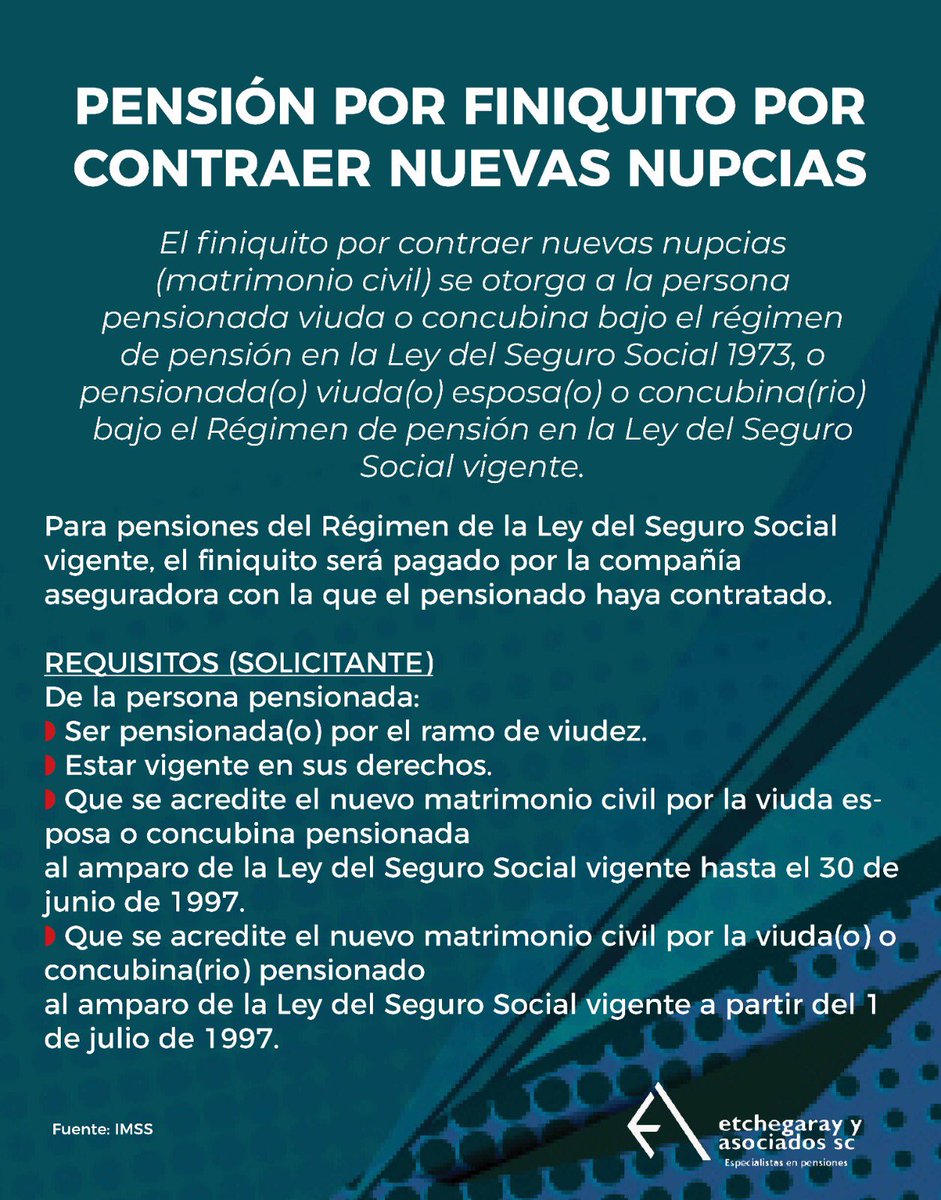 MetchegarayM's tweet photo. Las personas pensionadas viudas o concubinas, amparadas bajo el régimen de pensión establecido en la Ley del Seguro Social de 1973 o en la Ley vigente, tienen derecho a recibir un finiquito por contraer nuevas nupcias (matrimonio civil). https://t.co/bewkUnv7bn
