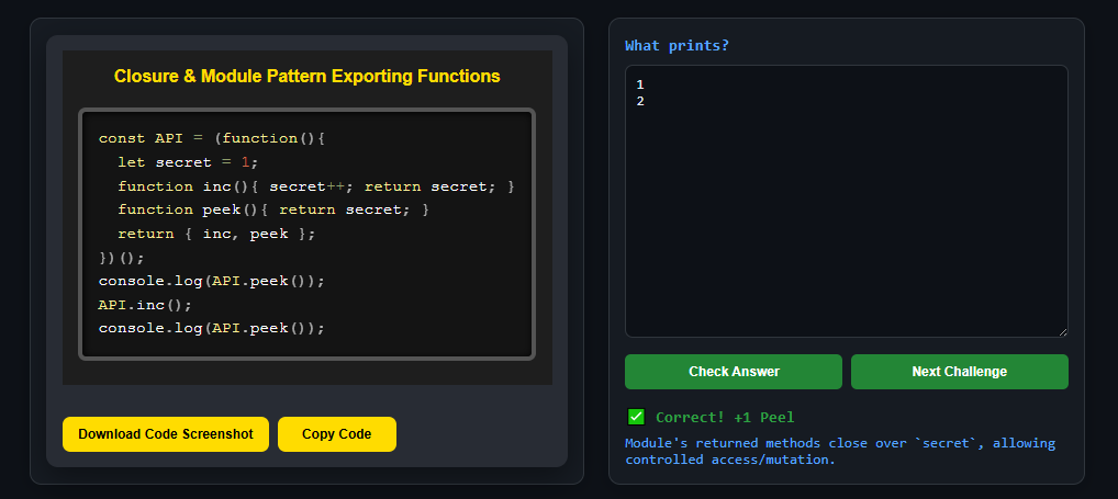 koomekelvink's tweet image. Closure module pattern in Javascript.
Closure challenge ->
peelcode.devsip.tech/peel/closure/i…
#javascriptlearning #javascripttips
#SoftwareDevelopment #SoftwareEngineering #buildinpublic #letsconnect #100DaysOfCode