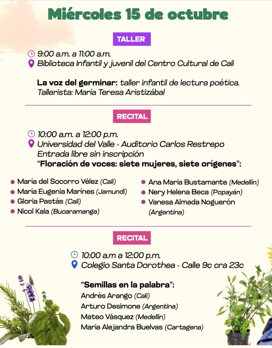 Esta es la programación de mañana del Festival Internacional de Poesía de Cali. Feliz de estar aquí este año.

Caigan a la Universidad del Valle 💜 Allá nos vemos.