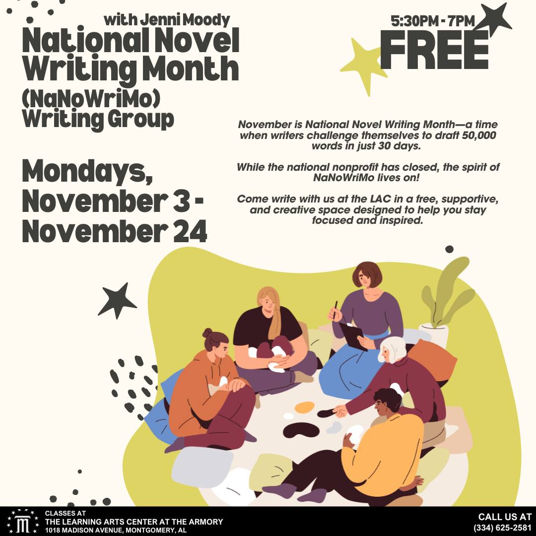 montgcitypandr's tweet image. So you know that book that you&apos;ve been meaning to write but haven&apos;t quite gotten around to? 📖📚📕

Please call 334-625-2581 for more information about using the Learning Arts Center as a fun, creative space for your craft!

#ourmgm #funinmgm #LearningArtsCenter