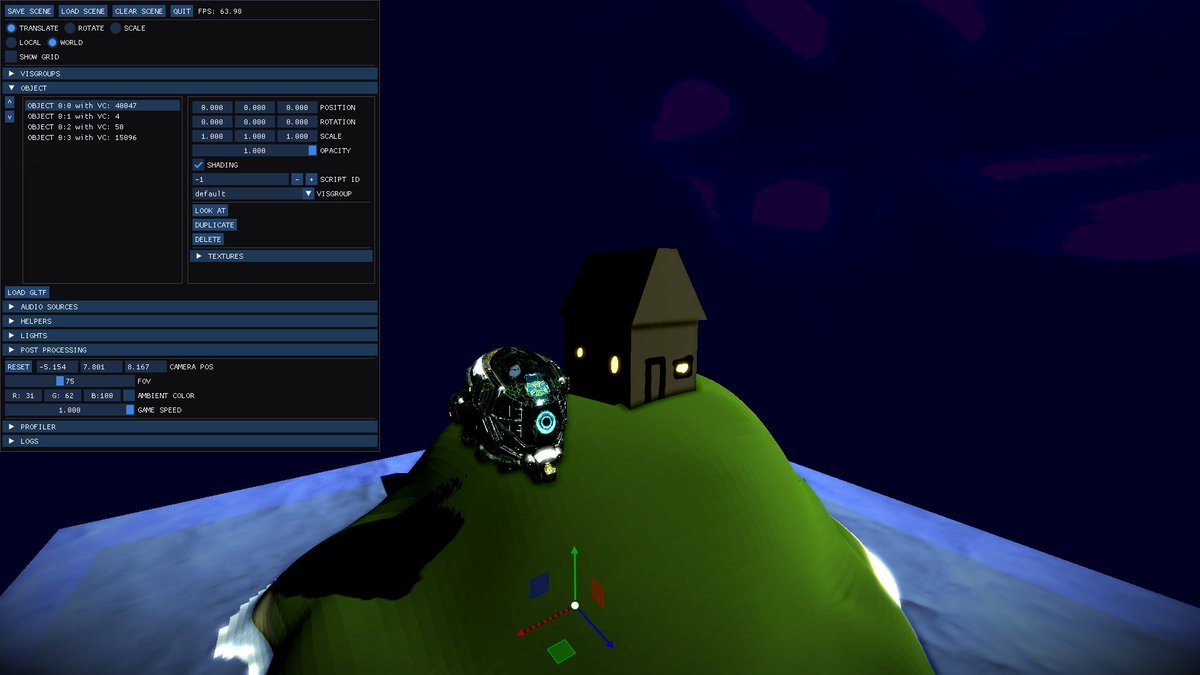 GunguGameDev's tweet image. hey, I forgot to tweet for a couple of units of time, but after 2.5 months my game engine is finished!
It has a bunch of cool stuff like PBR, an editor, spatial audio, real-time lighting, shadows, frustum culling, SSAO, post-processing in any way shape or form, 2D, UI, etc.