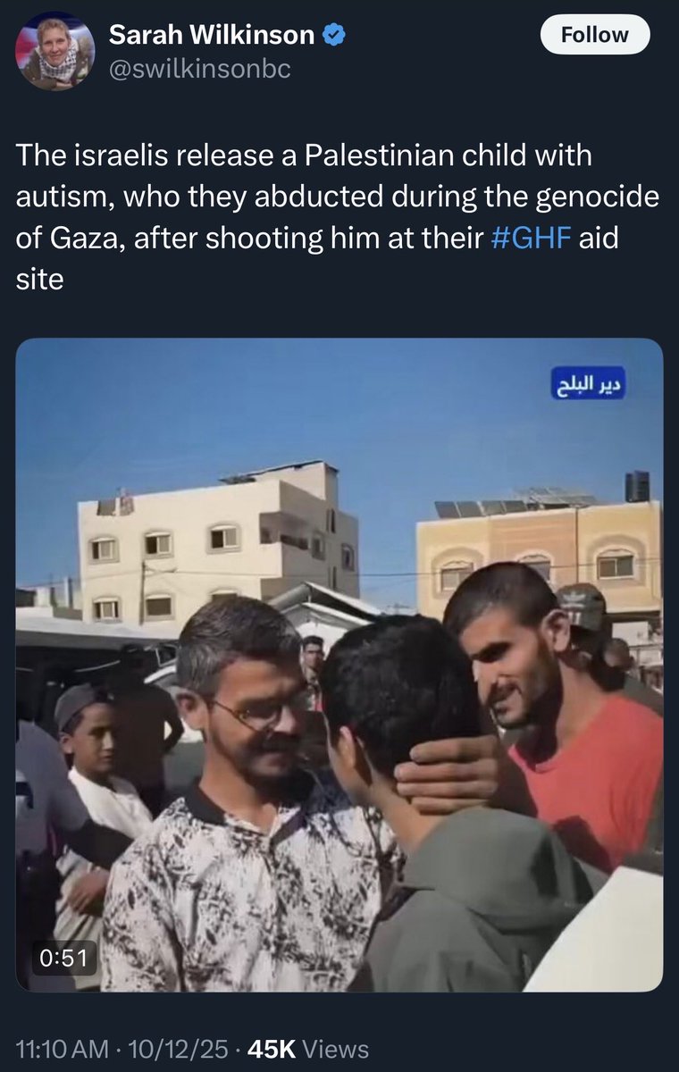 Arabs shoot Arab child, accuse him of being collaborator.

Israel treats Arab child.

Israel releases Arab child to parents.

Headline: “Israelis abducted Palestinian child with autism during the gEnOcIdE of Ghazza”