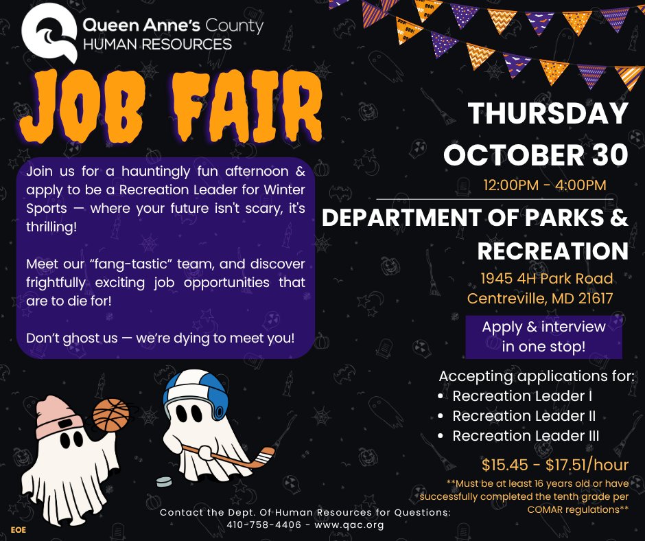 We are hosting a job fair on Thursday, October 30th! Come to the Department of Parks &amp; Recreation 1945 4H Park Road between 12:00PM-4:00PM to complete an online application and interview on the spot to be the newest Recreation Leader for the upcoming Winter Sports season.