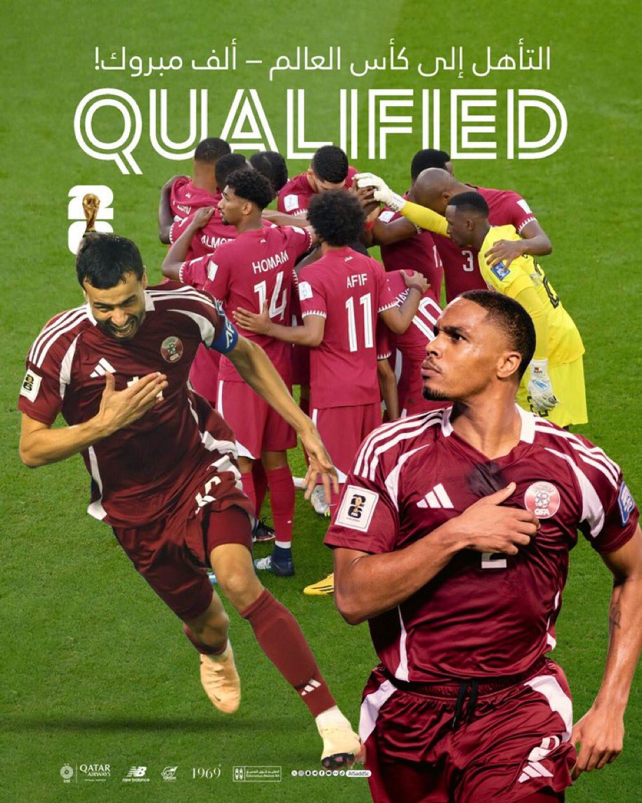 الف مبروك للمنتخب القطري بلوغه مونديال ٢٠٢٦ 
استمتعنا بمباراة مثيرة قدم فيها الشقيقين القطري والاماراتي كرة متطورة وحماس بالغ 
مبروك #قطر وهاردلك لمنتخب #الامارات
#قطر_الامارات 
#الإمارات_قطر 
#الادعم
 🇶🇦🇶🇦🇶🇦🇶🇦