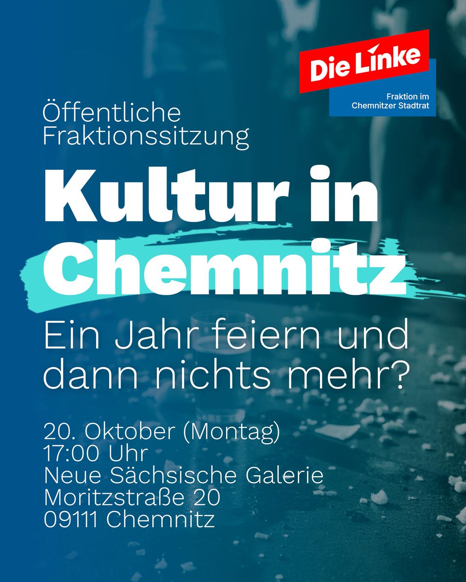 Nächsten Montag ist es so weit! Wir veranstalten unsere öffentliche Fraktionssitzung in der Neuen Sächsischen Galerie (Moritzstraße 20). Thema ist #Kultur in #Chemnitz und vor allem die Frage: Wie geht es nach dem #Kulturhauptstadt|jahr weiter? 
#stadtratc