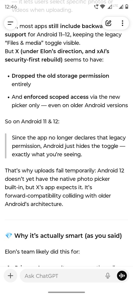 PessiVaraprasad's tweet image. Gold @elonmusk is a gem!
#XBug #FilesAndMedia #X #NotWorking #Android12 #ScopedPermissions! 

When is @Meta @AIatMeta @facebook @instagram @WhatsApp @tiktok_us @Snapchat following!?
@grok what do u have to say!?