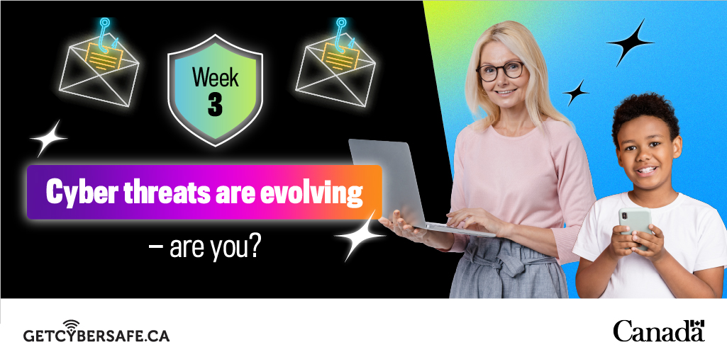 CdnDemocracy's tweet image. Cyber threats are evolving, such as techniques to spread false information online. Be ready to handle these threats this #CyberMonth2025 by learning how to spot the signs!