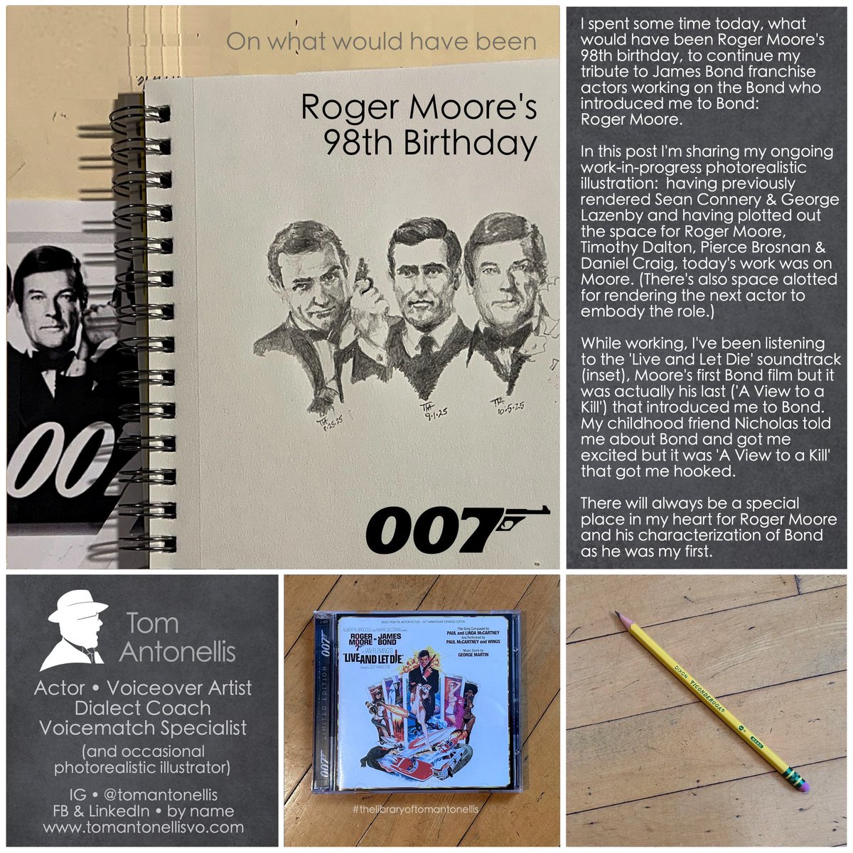On what would’ve been Roger Moore’s 98th birthday…

I spent time today continuing my tribute to the actors of the #jamesbond <a href="/007/">James Bond</a> franchise rendering ✏️ the Bond who introduced me to Bond: #rogermoore 

[Zoom in on pic for more or visit my other social media w/out char. limits]