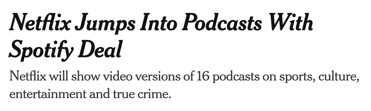 eric_seufert's tweet image. Netflix and Spotify team up to take on YouTube:

"The streaming giant announced a partnership with the audio company Spotify on Tuesday that would bring numerous video podcasts on sports, culture, entertainment and true crime to Netflix early next year. The deal prevents the…