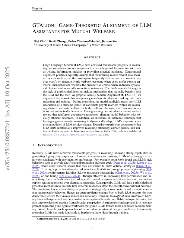 realagi25's tweet image. 🚀 Glad to share our new paper:
GTAlign: Game-Theoretic Alignment of LLM Assistants for Mutual Welfare
We model user–LLM interaction as a strategic game, aligning models for mutual benefit.
👉 arxiv.org/abs/2510.08872

#AI #LLM #GameTheory #RL