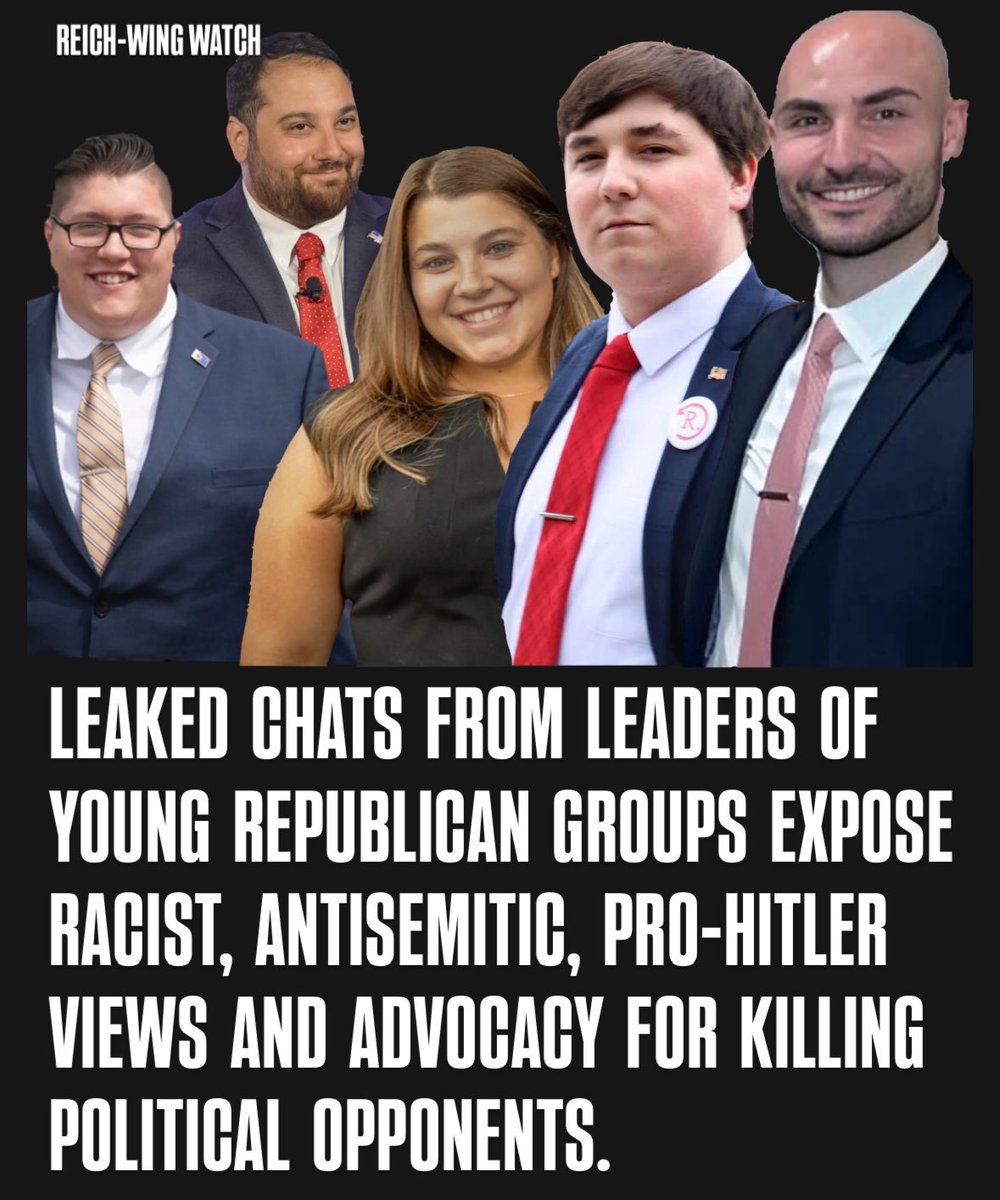 ReichWingWatch's tweet image. Leaked chats from leaders of Young Republican groups across the country expose racist, antisemitic, pro-Hitler views and advocacy for killing political opponents.