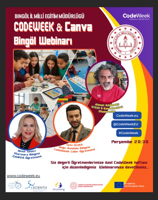 ssefasezer's tweet image. #CodeWeek 2025, #Doğu Anadolu Bölgesi olarak kardeş ilimiz #Bingöl’de @bingolmem “#CodeWeek & #Canva Webinarı”nda buluşuyoruz. @StemBingol Dijital yaratıcılık, işbirliği ve #kodlama kültürü ile birlikte bölgesel eğitim vizyonuna güçlü bir katkı sunuyor.
@mebyegitek
#Malatya