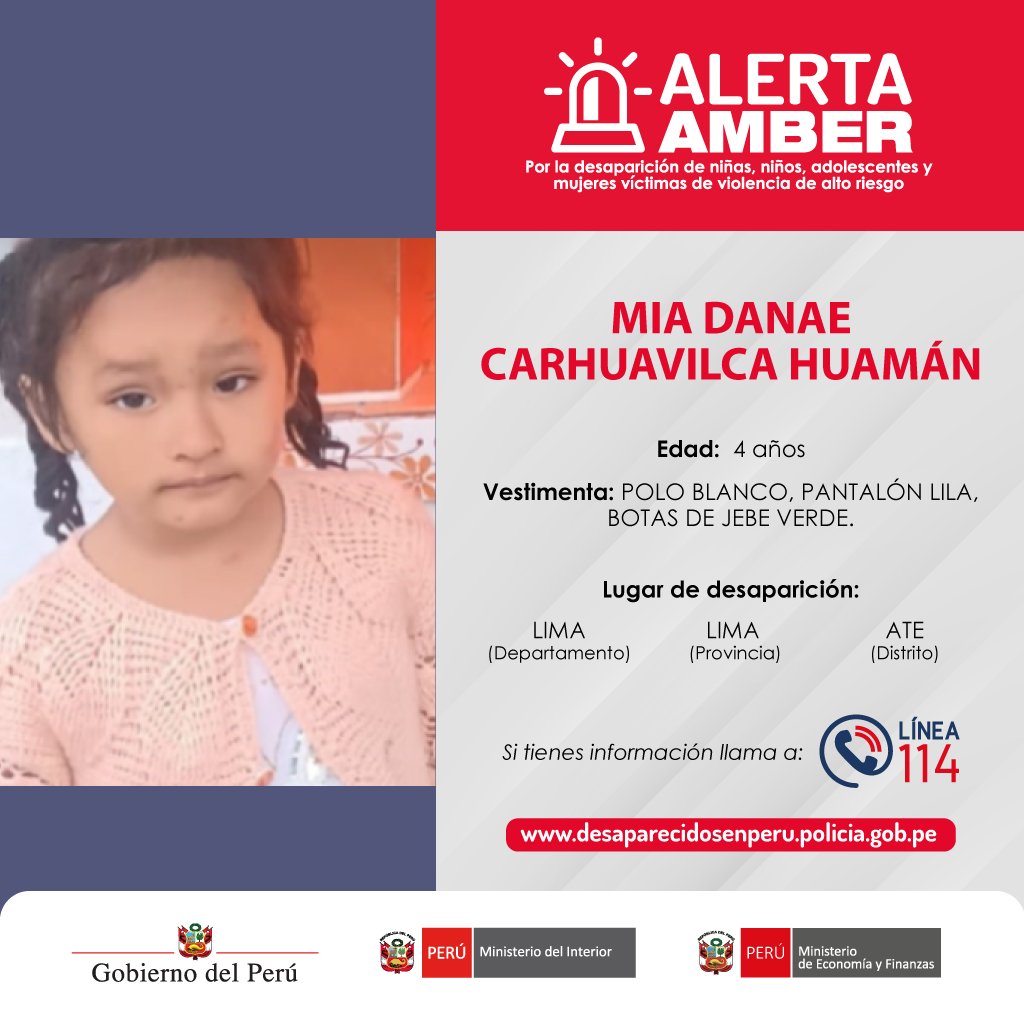 MEF_Peru's tweet photo. 🚨 #AlertaAmber | Han desaparecido las personas Mia Carhuavilca (4), Paolo Espinoza (2), Nial Díaz (5) y Jacob Vislao (11). Si conoces sus paraderos, comunícate con la 📞línea 114. https://t.co/bmiG9GGvG5